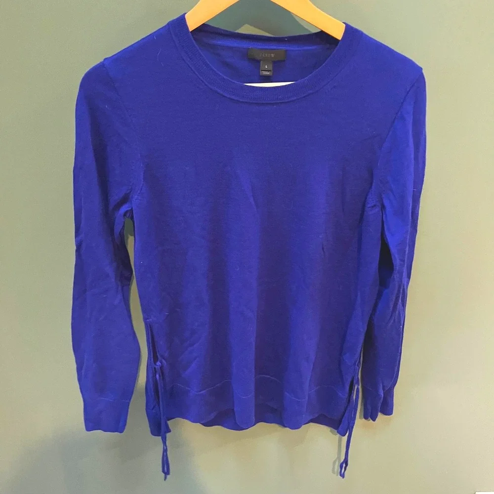 J Crew Royal Blue Merino Wool Crew Neck Sweater Lace Up Sides Women's Size L